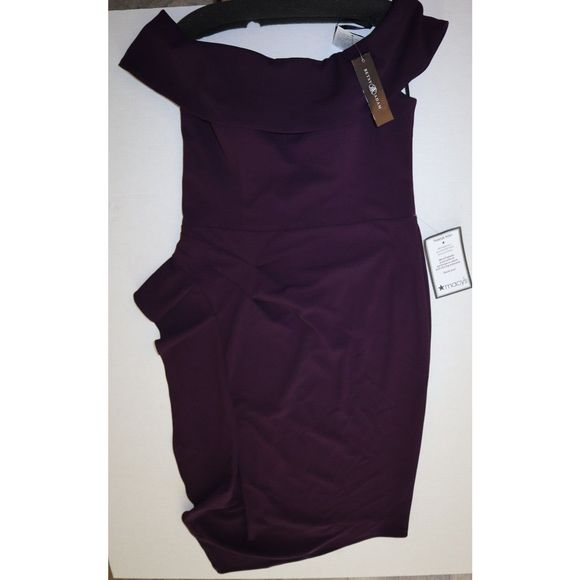 Betsy & Adam Sz 16 Mulberry Off The Shoulder Midi Crepe Side Ruched Dress $239 - Picture 7 of 10